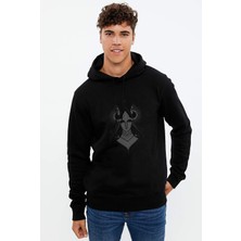 Qivi Viking Valhalla Freyja Baskılı Siyah Erkek Örme Kapşonlu Sweatshirt Uzun Kol