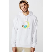 Qivi Uyuyan Boz Ayı Teddy Bear Iyi Baskılı Beyaz Erkek Örme Kapşonlu Sweatshirt Uzun Kol