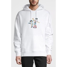 Qivi Captain Tsubasa Baskılı Beyaz Erkek Örme Kapşonlu Sweatshirt Uzun Kol