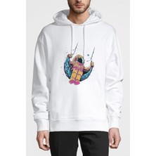 Qivi Astronot Ay Salıncak Çocuk Baskılı Beyaz Erkek Örme Kapşonlu Sweatshirt Uzun Kol