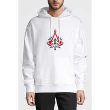 Qivi Assassin's Creed Baskılı Beyaz Erkek Örme Kapşonlu Sweatshirt Uzun Kol