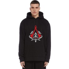 Qivi Assassin's Creed Baskılı Siyah Erkek Örme Kapşonlu Sweatshirt Uzun Kol