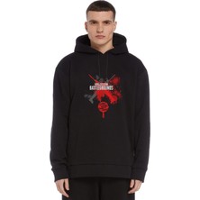 Qivi Pubg Kırmızı Tava Baskılı Siyah Erkek Örme Kapşonlu Sweatshirt Uzun Kol