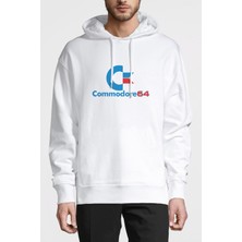 Qivi Commodore Logo Baskılı Beyaz Erkek Örme Kapşonlu Sweatshirt Uzun Kol