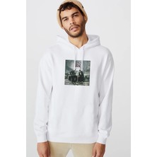 Qivi Bad Meets Evil Ep Cover Bad Baskılı Beyaz Erkek Örme Kapşonlu Sweatshirt Uzun Kol