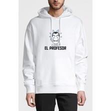 Qivi La Case De Papel El Profesor Baskılı Beyaz Erkek Örme Kapşonlu Sweatshirt Uzun Kol
