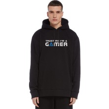Qivi Trusm Me A'm A Gamer Siyah Baskılı Siyah Erkek Örme Kapşonlu Sweatshirt Uzun Kol