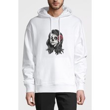 Qivi Queen Skull Baskılı Beyaz Erkek Örme Kapşonlu Sweatshirt Uzun Kol