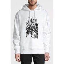 Qivi Anime One Piece Baskılı Beyaz Erkek Örme Kapşonlu Sweatshirt Uzun Kol