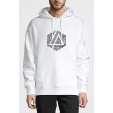 Qivi Linkin Park Baskılı Beyaz Erkek Örme Kapşonlu Sweatshirt Uzun Kol