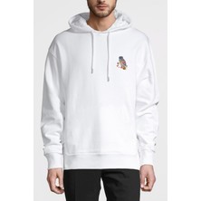 Qivi Deniz Mavisi Baykuş Owl Baskılı Beyaz Erkek Örme Kapşonlu Sweatshirt Uzun Kol