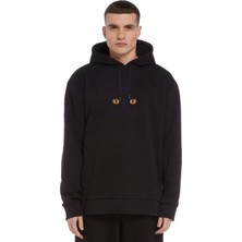 Qivi 3D Cat Kedi Baskılı Siyah Erkek Örme Kapşonlu Sweatshirt Uzun Kol