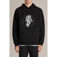 Qivi Astronot 03 Pi Baskılı Siyah Erkek Örme Kapşonlu Sweatshirt Uzun Kol