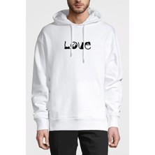 Qivi Kedi Love Baskılı Beyaz Erkek Örme Kapşonlu Sweatshirt Uzun Kol