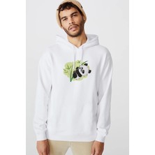 Qivi Panda Baskılı Beyaz Erkek Örme Kapşonlu Sweatshirt Uzun Kol