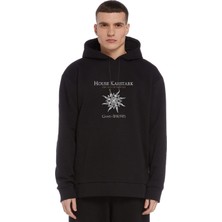Qivi G O T House Karstark Baskılı Siyah Erkek Örme Kapşonlu Sweatshirt Uzun Kol