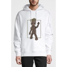 Qivi Groot Skull Baskılı Beyaz Erkek Örme Kapşonlu Sweatshirt Uzun Kol