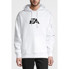 Qivi Ea Logo Baskılı Beyaz Erkek Örme Kapşonlu Sweatshirt Uzun Kol