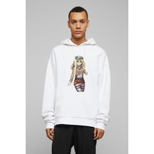 Qivi Anime Attack On Titan Baskılı Beyaz Erkek Örme Kapşonlu Sweatshirt Uzun Kol