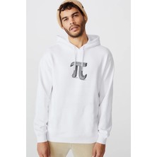 Qivi 14 Mart Dünya Pi Günü Dj Baskılı Beyaz Erkek Örme Kapşonlu Sweatshirt Uzun Kol