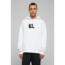 Qivi Mr Robot Baskılı Beyaz Erkek Örme Kapşonlu Sweatshirt Uzun Kol