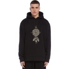 Qivi Dreamcatcher Pusula Baskılı Siyah Erkek Örme Kapşonlu Sweatshirt Uzun Kol