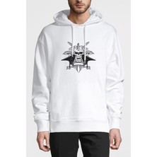 Qivi Rock Kurukafa Baskılı Beyaz Erkek Örme Kapşonlu Sweatshirt Uzun Kol