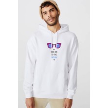 Qivi Take Me To The Ocean Gözlük Baskılı Beyaz Erkek Örme Kapşonlu Sweatshirt Uzun Kol
