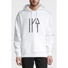 Qivi Türk Boyları Oguz Boylari Bayat Tamga Baskılı Beyaz Erkek Örme Kapşonlu Sweatshirt Uzun Kol