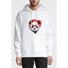 Qivi Gözlüklü Panda Baskılı Beyaz Erkek Örme Kapşonlu Sweatshirt Uzun Kol