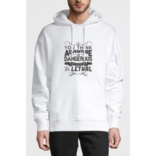 Qivi You Think Adventure Is Dangerous Baskılı Beyaz Erkek Örme Kapşonlu Sweatshirt Uzun Kol