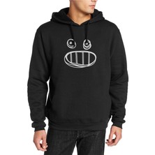Qivi Smile Icon Baskılı Siyah Erkek Örme Kapşonlu Sweatshirt Uzun Kol