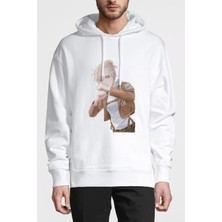 Qivi Anime Attack On Titan Baskılı Beyaz Erkek Örme Kapşonlu Sweatshirt Uzun Kol