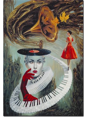 Cakatablo  Ahşap Tablo Fantastik Kadın ve Müzik Görseli