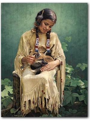 Cakatablo  Ahşap Tablo Eski Kucağında Tilki Kızılderili Kız Çocuğu Görseli