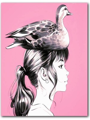 Cakatablo  Ahşap Tablo Kız ve Başındaki Ördek Pembe Arkaplan