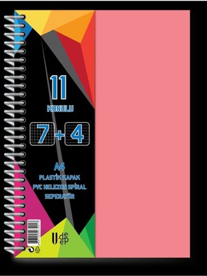 U-Deep A4 Büyük Boy Ayraçlı Spiralli Plastik Kapaklı Defter 7 Kareli + 4 Çizgili