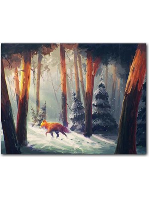Cakatablo  Ahşap Tablo Karlı Ormanda Yürüyen Tilki ve Güneş Işıkları