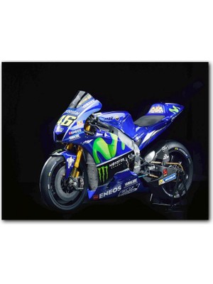 Cakatablo  Ahşap Tablo Yamaha Eneos Mavi Yarış Motorsikleti Karanlık Arkaplan