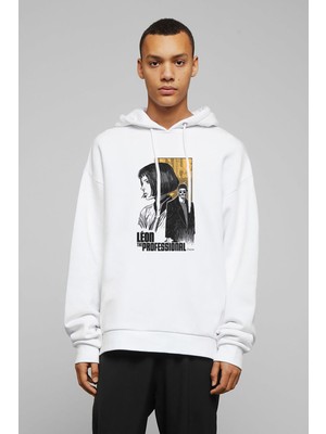 Qivi Leon & Mathilda The Professional Sevginin Baskılı Beyaz Erkek Örme Kapşonlu Sweatshirt Uzun Kol