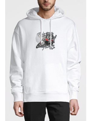 Qivi Route 66 Motosiklet Bisiklet Baskılı Beyaz Erkek Örme Kapşonlu Sweatshirt Uzun Kol