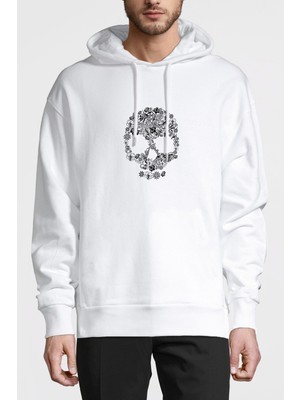 Qivi Kuru Kafa Baskılı Beyaz Erkek Örme Kapşonlu Sweatshirt Uzun Kol