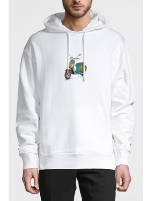 Qivi Art Vespa Illustration On Baskılı Beyaz Erkek Örme Kapşonlu Sweatshirt Uzun Kol