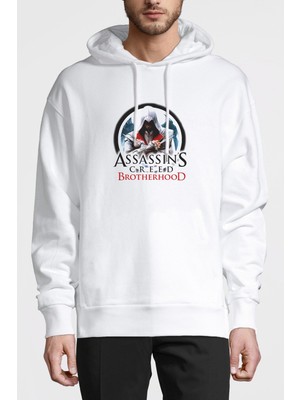 Qivi Assassins Creed Brootherhood Baskılı Beyaz Erkek Örme Kapşonlu Sweatshirt Uzun Kol