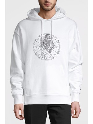 Qivi Astronot Uzay Boslugu Baskılı Beyaz Erkek Örme Kapşonlu Sweatshirt Uzun Kol