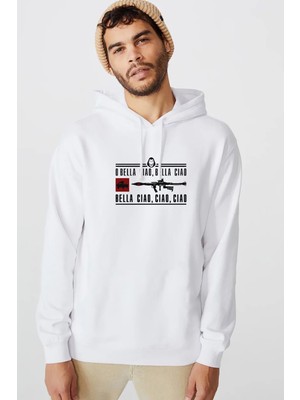 Qivi La Casa De Papel Rpg Baskılı Beyaz Erkek Örme Kapşonlu Sweatshirt Uzun Kol