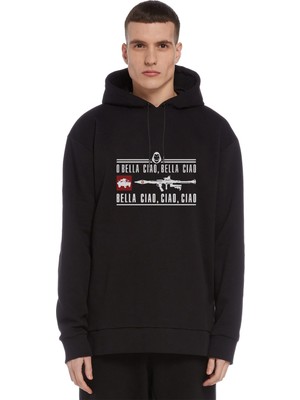 Qivi La Casa De Papel Rpg Baskılı Siyah Erkek Örme Kapşonlu Sweatshirt Uzun Kol
