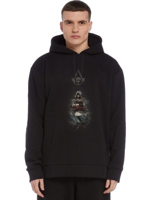 Qivi Assassin's Creed Baskılı Siyah Erkek Örme Kapşonlu Sweatshirt Uzun Kol