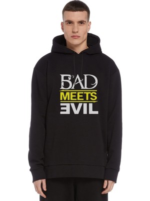 Qivi Bad Meets Evil Logo Baskılı Siyah Erkek Örme Kapşonlu Sweatshirt Uzun Kol
