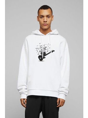 Qivi Gitar Notalar Baskılı Beyaz Erkek Örme Kapşonlu Sweatshirt Uzun Kol